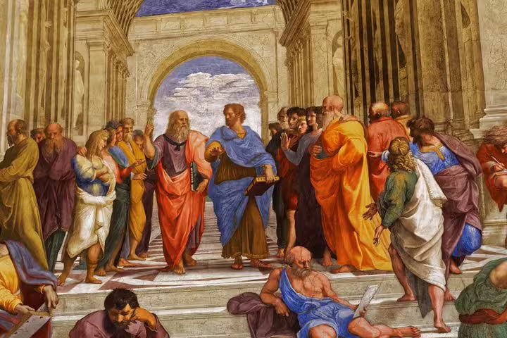 Renaissance fresco in the Vatican Museums depicting ancient philosophers, a highlight of the Sistine Chapel guided group tour in Rome