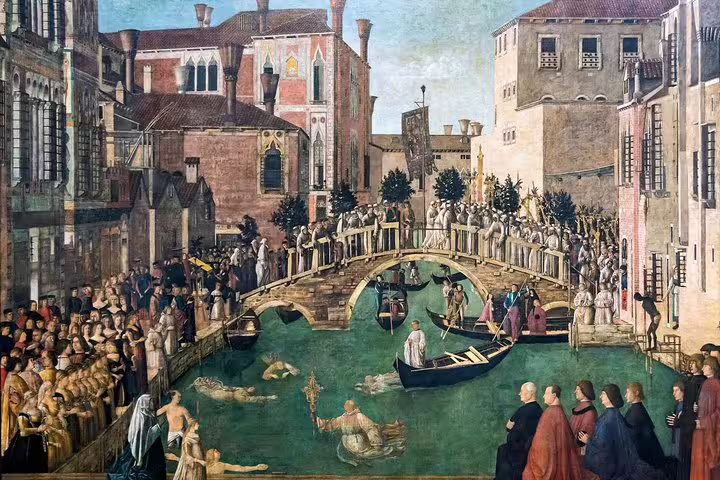 Detail of a historic Venetian canal scene painting at Accademia Gallery, explored on a private Sestiere Dorsoduro tour