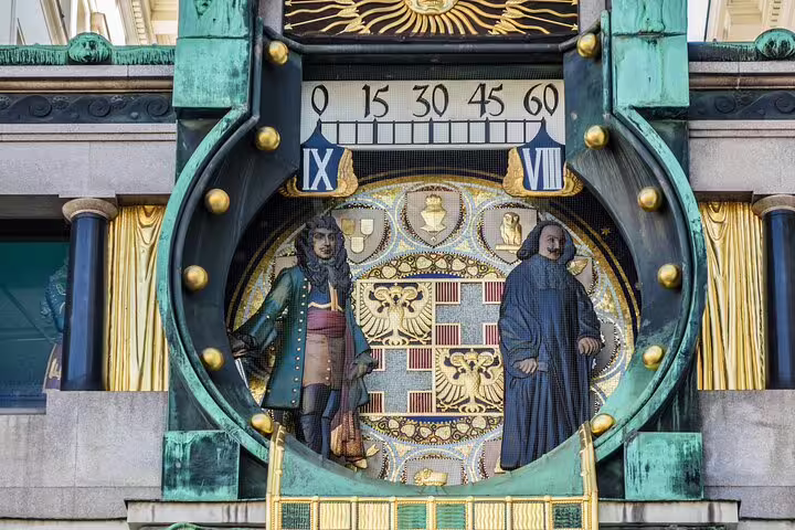Artistic Anker Clock detail in Vienna, showcasing intricate designs, highlights on the Gems and Secrets Private Tour of churches and palaces.