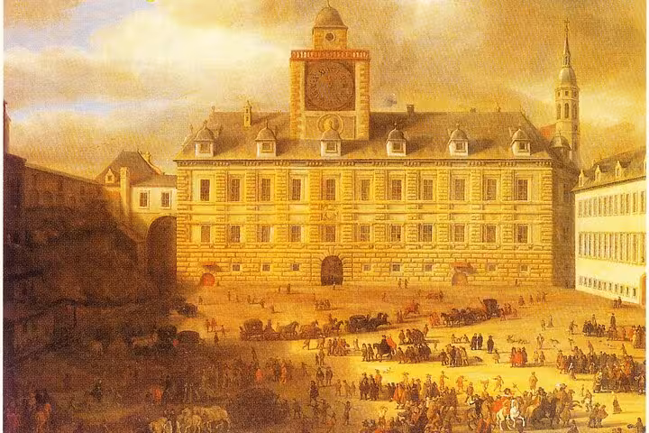 Historic painting of Vienna square and clock tower, evoking hidden stories on a 3-hour guided city tour