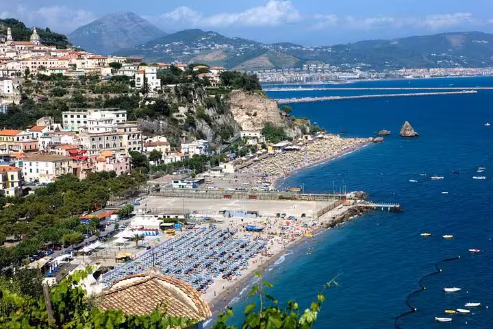 Scenic view of Vietri sul Mare's vibrant coastline, showcasing stunning beaches and charming hillside architecture.