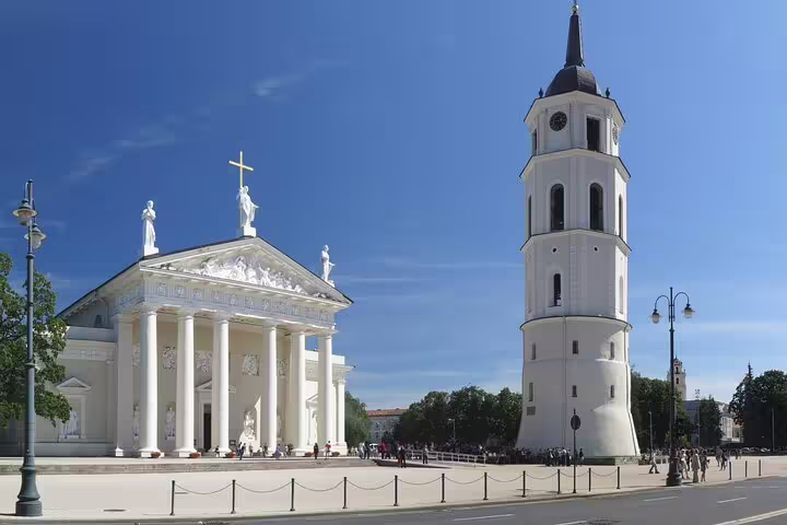 Sunny view of Vilnius Cathedral Square and bell tower, popular landmark on a self-guided scavenger hunt tour