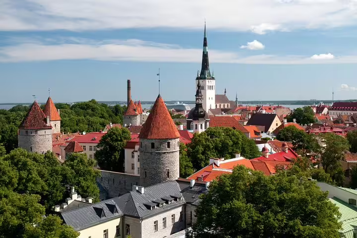 Medieval towers and spires above historic rooftops, scenic stop for a Vilnius self-guided scavenger hunt tour