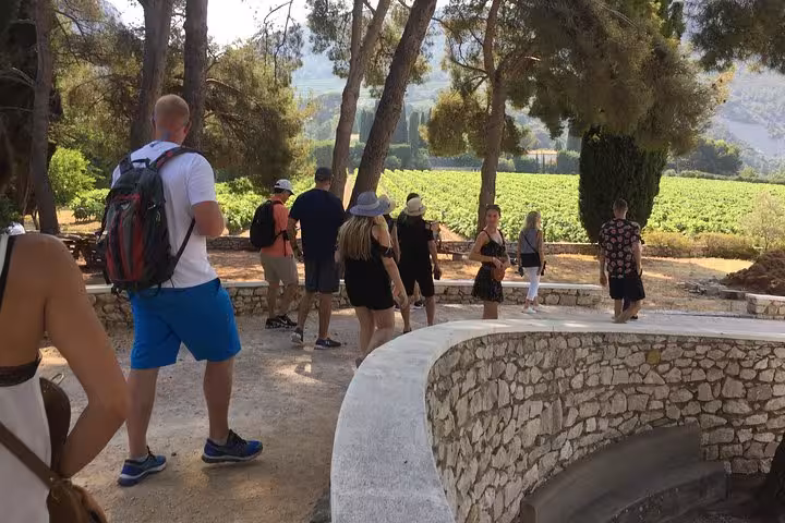 Small group strolls through shaded vineyard estate, scenic wine country stop on 3-day heritage tour