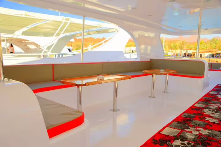VIP boat lounge seating on Ras Mohamed and White Island snorkeling tour, Sharm El Sheikh Red Sea