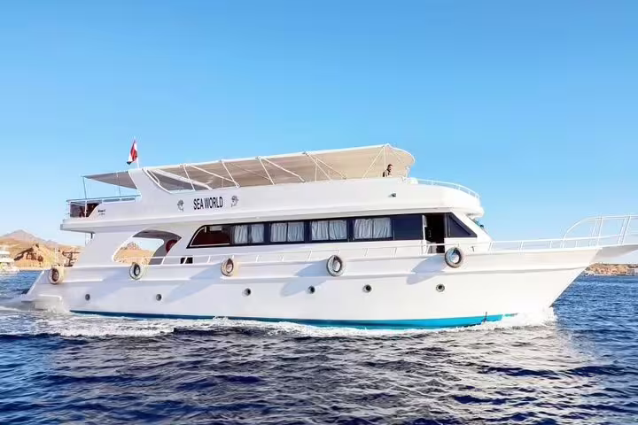 VIP boat cruising the Red Sea on Sataya Dolphin Reef snorkeling day trip from Marsa Alam, Egypt