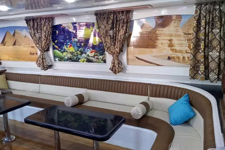 Comfortable VIP boat lounge seating for Sataya Reef snorkeling day trip from Marsa Alam with dolphin tour