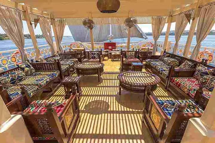 Traditional lounge on VIP dahabiya Nile cruise from Luxor to Aswan, 4 nights 5 days with shaded deck seating
