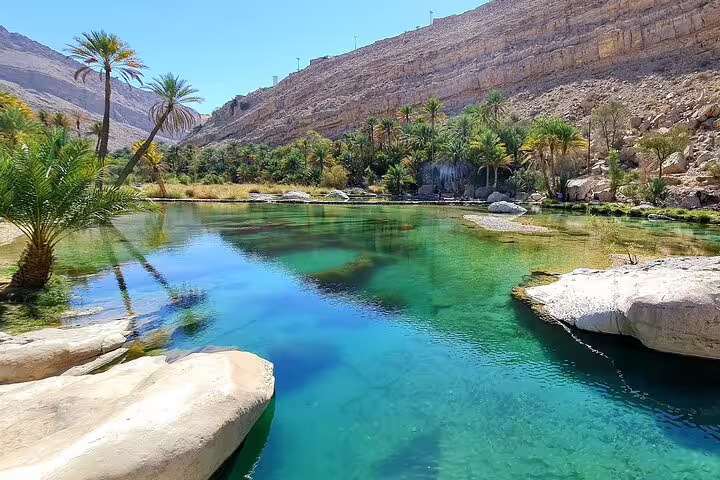 Scenic view of Wadi Bani Khalid's emerald waters surrounded by lush palm trees and rocky cliffs.