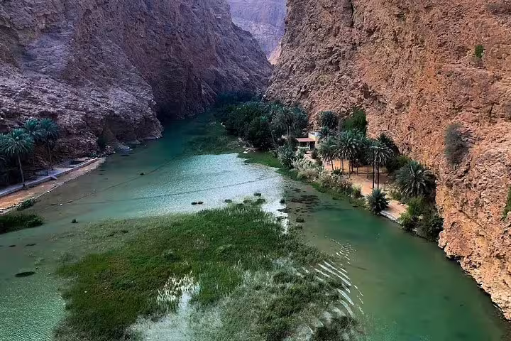 Scenic view of Wadi Shab with lush palm trees and turquoise water surrounded by rocky cliffs near Muscat, Oman.