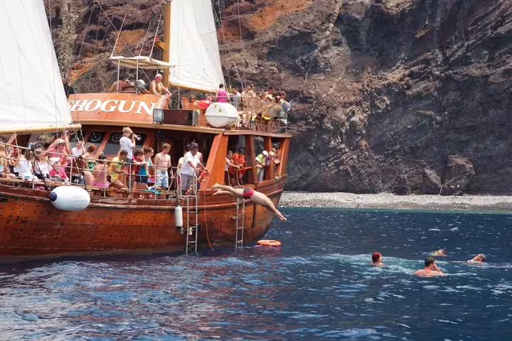 Tourists diving off a boat into clear waters near rocky cliffs during a Los Gigantes whale watching tour.