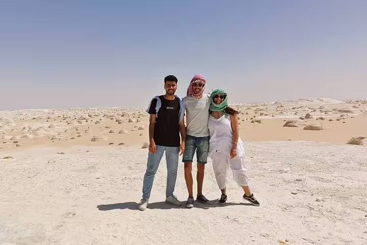 Group photo in Egypt’s White Desert near Bahariya Oasis, a highlight of the 4-day private Cairo adventure package