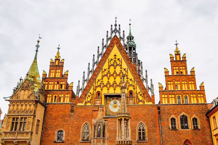 Wroclaw Old Town Hall facade with Gothic details and clock, key stop on a self-guided scavenger hunt tour