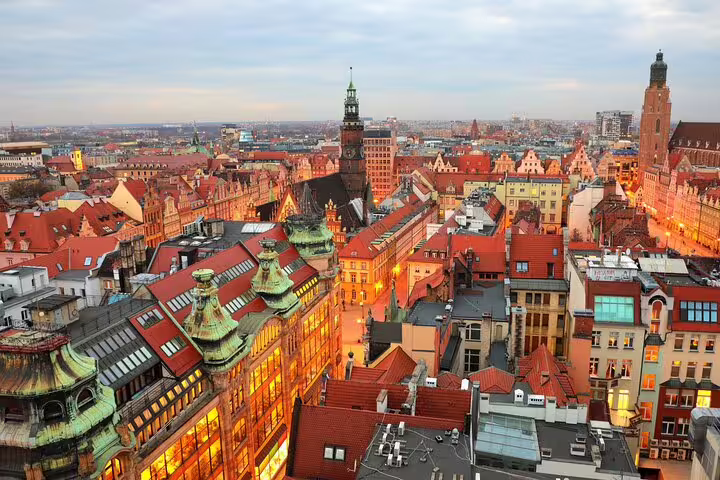 Panoramic Wroclaw Old Town skyline at dusk, ideal for a highlights self-guided scavenger hunt walking tour