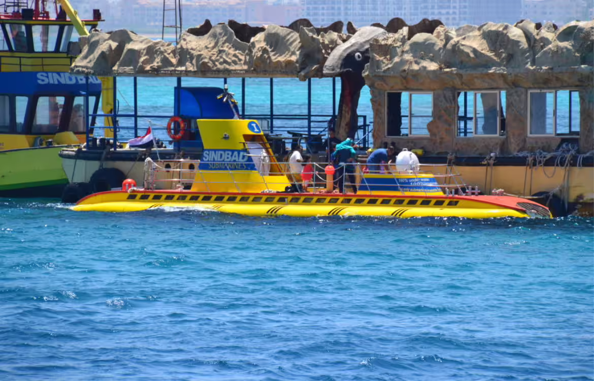 Yellow Sindbad Submarine docked at Hurghada, Egypt, ready for Red Sea coral reef viewing submarine excursion