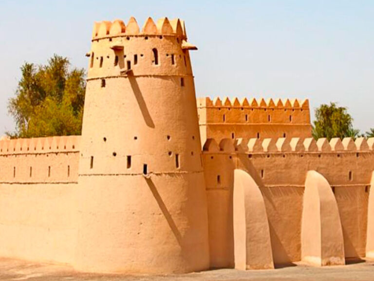 Al Jahili Fort in Al Ain, UAE, built in the 19th century by Sheikh Zayed bin Al Nahyan, showcases Abu Dhabi's culture and heritage, once serving as a base and royal residence.