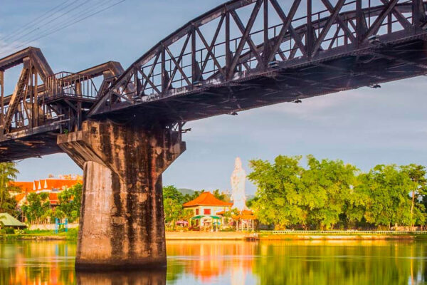 Bridge River Kwai is located in Kanchanaburi Province, in Myanmar border. The Bridge River Kwai is famous because of the meter-gauge railway line that was constructed by Japan during World War II. The Bridge River Kwai was originally built to transport supplies and troops from Ban Pong, Thailand to Myawaddy, Myanmar. However, the Bridge has become a popular tourist destination because of its history and the scenic view.