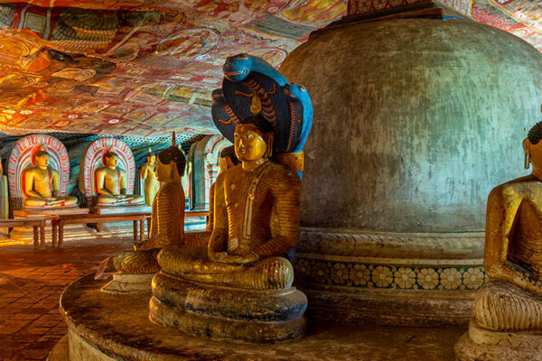 Dambulla Cave Temple, a pilgrimage site for over 22 centuries, is Sri Lanka's best-preserved cave-temple complex. Often called the "Golden Cave Temple" due to its gold-leaf adorned statues and art, it's a UNESCO World Heritage Site and a top tourist attraction in Sri Lanka.