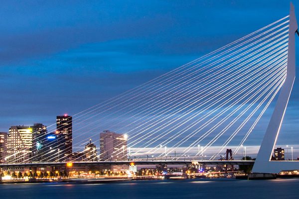 The Erasmus Bridge is a cable-stayed bridge in Rotterdam, Netherlands. It spans the River Nieuwe Maas and connects the northern and southern parts of the city.
