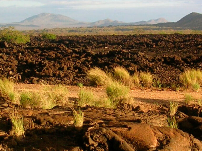 Shetani Lava flow, 500 years old, resulted from Ol Doinyo Lengai volcano eruptions. A black, 8km long, 1.6km wide, and 5m deep flow created by 'fire' believed to be demon's work.