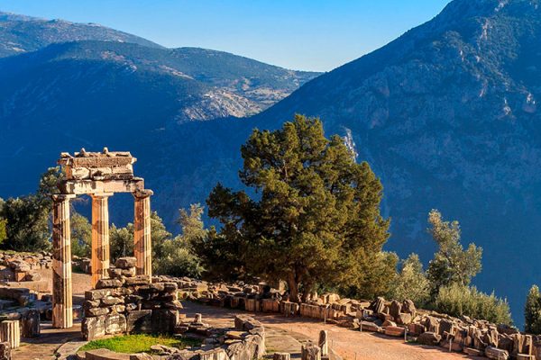 Regarded as sacred in ancient Greece, the Temple of Apollo in Delphi, known for Apollo worship, sits prominently on Mount Parnassus. This site, surrounded by monuments, was central to Delphi's Panhellenic sanctuary.