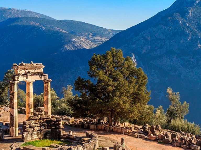 Regarded as sacred in ancient Greece, the Temple of Apollo in Delphi, known for Apollo worship, sits prominently on Mount Parnassus. This site, surrounded by monuments, was central to Delphi's Panhellenic sanctuary.