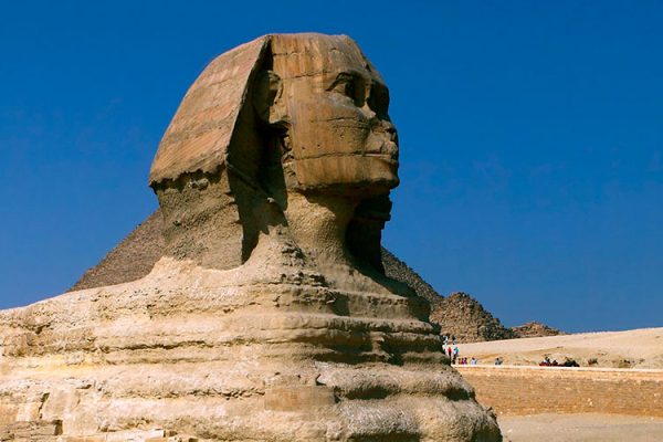 The Great Sphinx of Giza, near Cairo, is a massive lion with a human head, believed to be built during Pharaoh Khafra's reign in the 4th Dynasty.