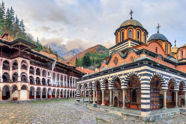 Beautiful panoramic panorama of the Orthodox Rila Monastery, a famous tourist attraction and cultural heritage monument in the Rila Nature Park mountains in Bulgaria