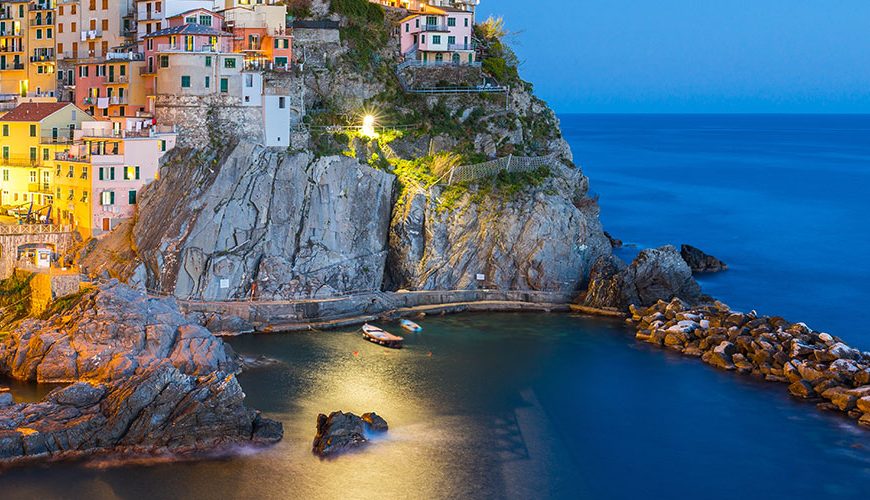 Manarola village one of Cinque Terre at night in La Spezia, Italy