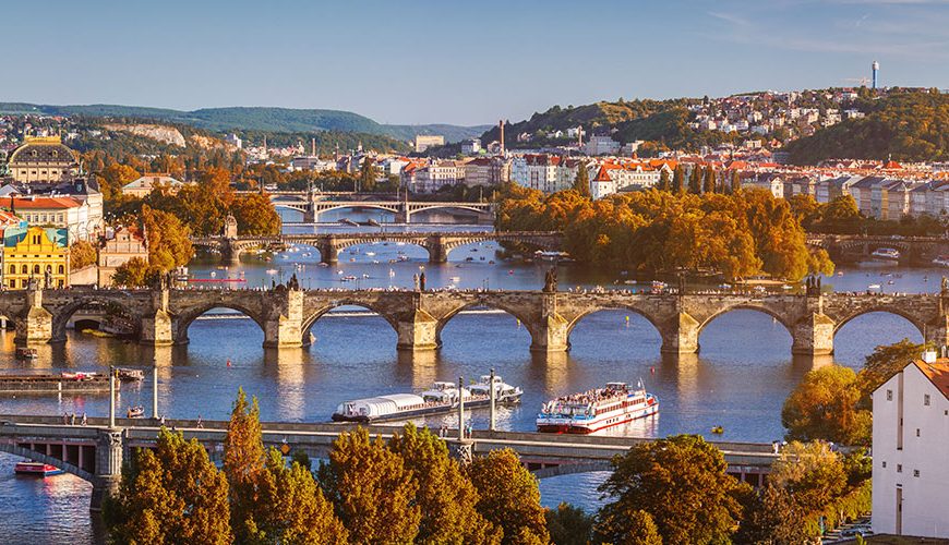 Prague, Czezh Republic. Scenic autumn aerial view of the Old Town with red foliage