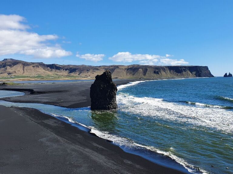 Magical South Coast private tour: We depart for the South Coast tour early in the morning and stop by the mighty Skógafoss waterfall believed by many to be one of Iceland’s most beautiful waterfalls. We also view the small peninsula, Cape Dyrhólaey, where you might spot some puffins in summertime, and take a short walk at the beautiful black sand beach of Reynisfjara with its columnar basalt formation, ocean caves and seaside cliffs.