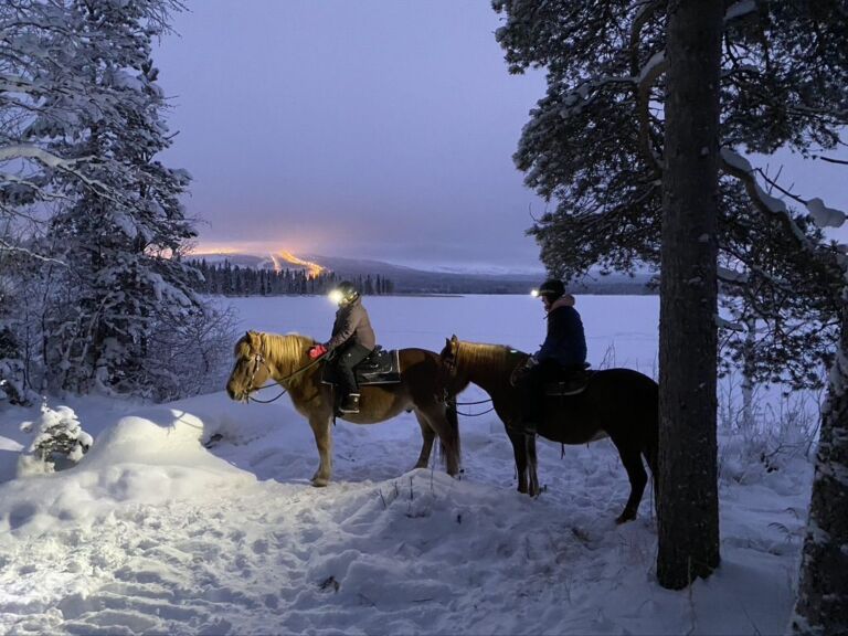 A small group horseback riding tour in the snow.