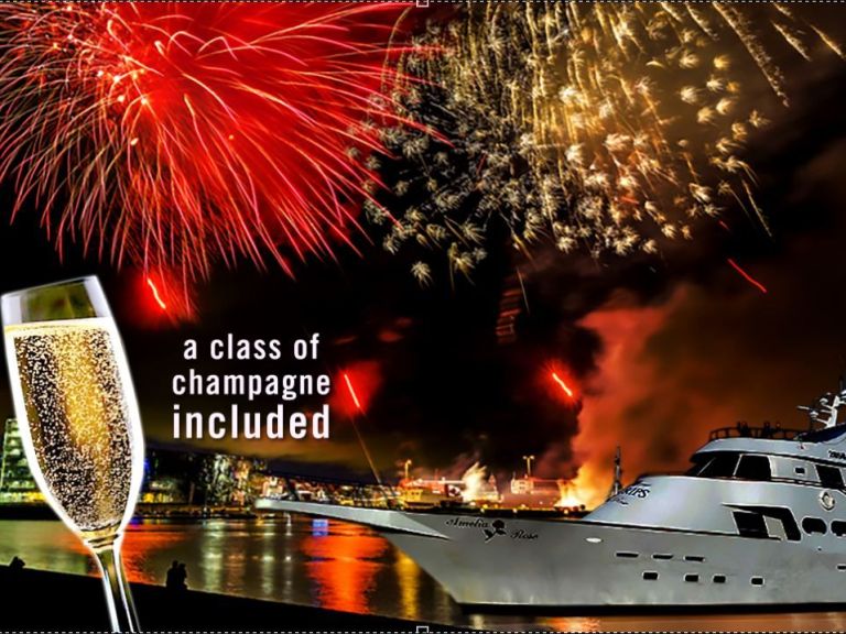 Luxury New Year's Eve Fireworks Cruise: Join Sea Trips for an amazing evening yacht cruise on the Amelia Rose to celebrate the New Year and say ‘bon voyage’ to the new year. The luxury yacht Amelia Rose leaves the harbor at 10:30 PM (22:30) and returns approximately half an hour after midnight.