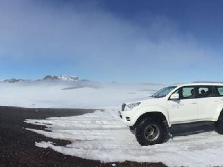Landmannalaugar & Hekla volcano: After boarding our Superjeeps in Reykjavik, we cross fertile South Iceland farmlands, opening up to grand views of Hekla volcano's snow-covered top (elev. 1491m). Hekla's next eruption is long overdue and expected at any time so you just might catch the show. Since Iceland's human settlement in the ninth century, Hekla's 20-30 eruptions have ranged from pretty little tourist attractions to explosive disasters.