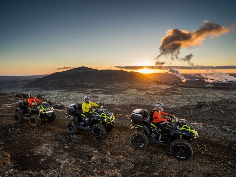 Panorama 1-hour ATV tour - We ride on ATV along lava and black sand up between two mountains, Húsafell and Fiskidalsfjall, and then up onto the mountain Hagafell, where we can expect a good view over the Blue Lagoon and the island of Eldey.