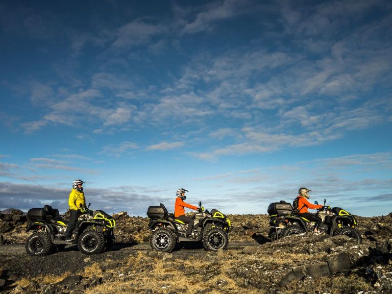 Panorama 1-hour ATV tour - We ride on ATV along lava and black sand up between two mountains, Húsafell and Fiskidalsfjall, and then up onto the mountain Hagafell, where we can expect a good view over the Blue Lagoon and the island of Eldey.