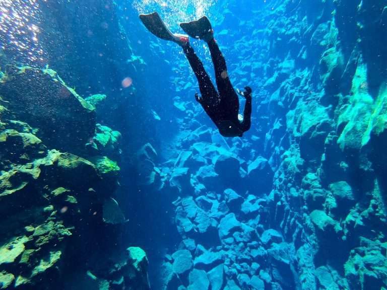 Silfra Snorkeling & Leidarendi Lava Tunnel | Free Underwater photos  - Combining snorkeling and caving gives you the ultra experience of Icelandic nature. You will explore the hidden world of the lava fields by foot by caving in the Blue Mountain area and visit the UNESCO World Heritage site, Þingvellir national park and snorkel the freshwater fissure Silfra, one of the best diving site in the world.